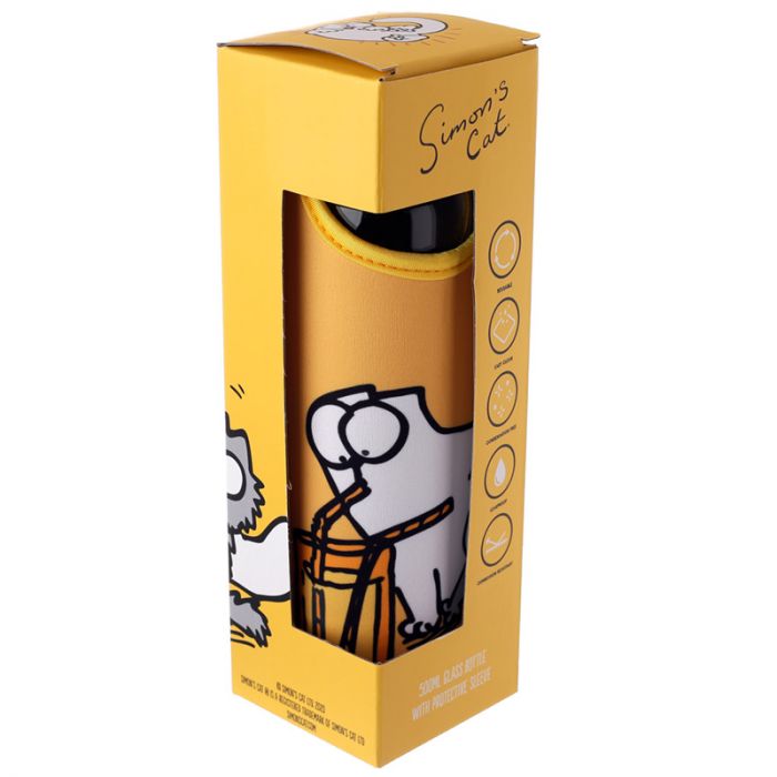 Simon's Cat Reusable Glass Water Bottle with Protective Neoprene Sleeve with Strap